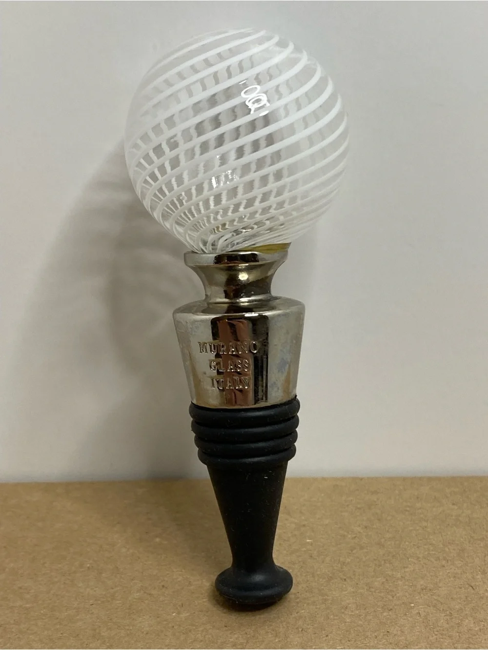 Murano Art Glass Bottle Stopper White Spiral Swirl Made In Italy Wine Decanter